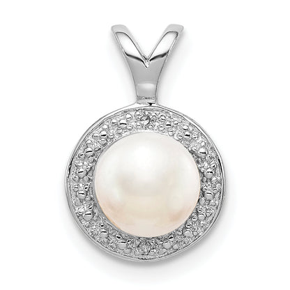 Sterling Silver Rhodium-Plated Diam. & Fw Cultured Pearl Pendant