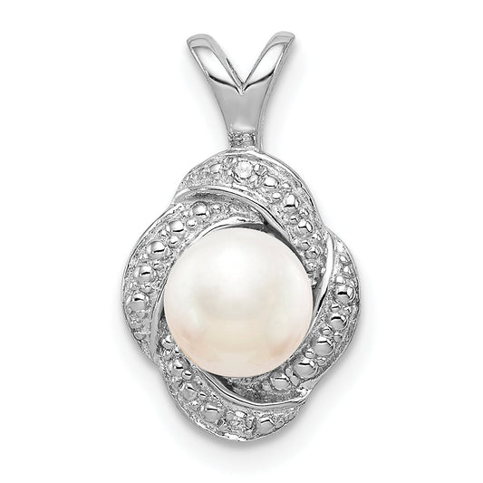 Sterling Silver Rhodium-Plated Diam. & Fw Cultured Pearl Pendant