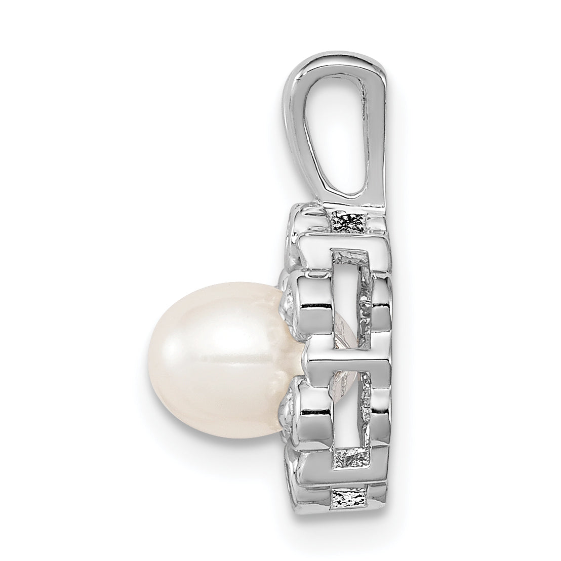 Sterling Silver Rhodium-Plated Fw Cultured Pearl & Diam. Pendant