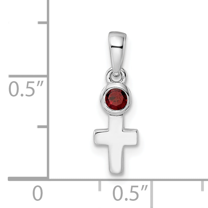 Sterling Silver Rhodium-Plated Polished Garnet Cross Pendant