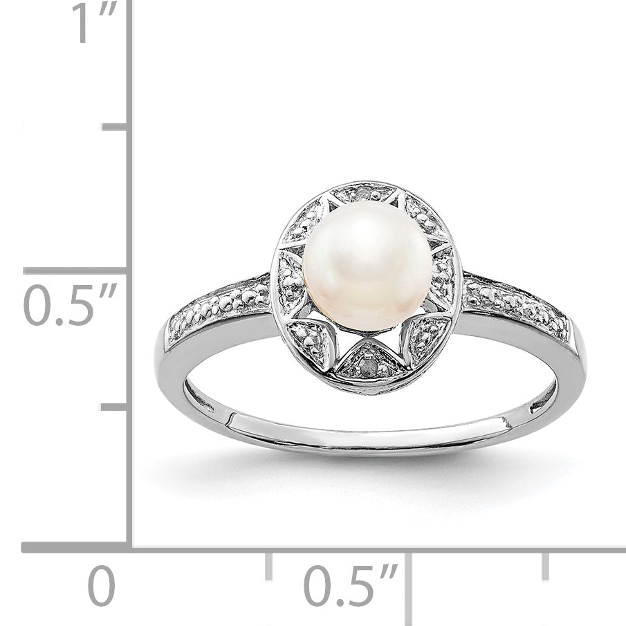 Sterling Silver Rhodium-Plated Diam. & Fw Cultured Pearl Ring