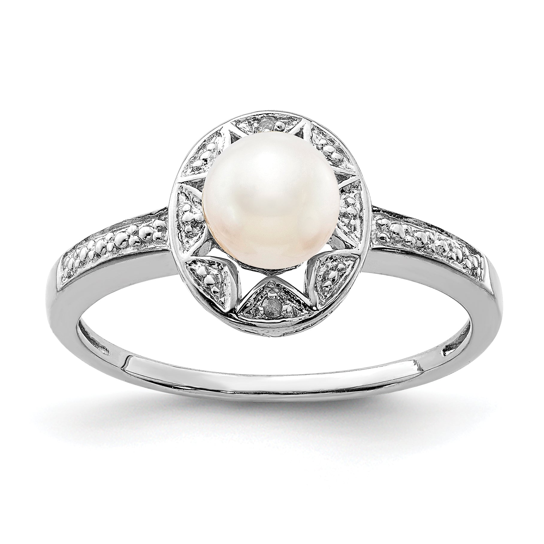 Sterling Silver Rhodium-Plated Diam. & Fw Cultured Pearl Ring