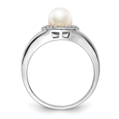 Sterling Silver Rhodium-Plated Diam. & Fw Cultured Pearl Ring