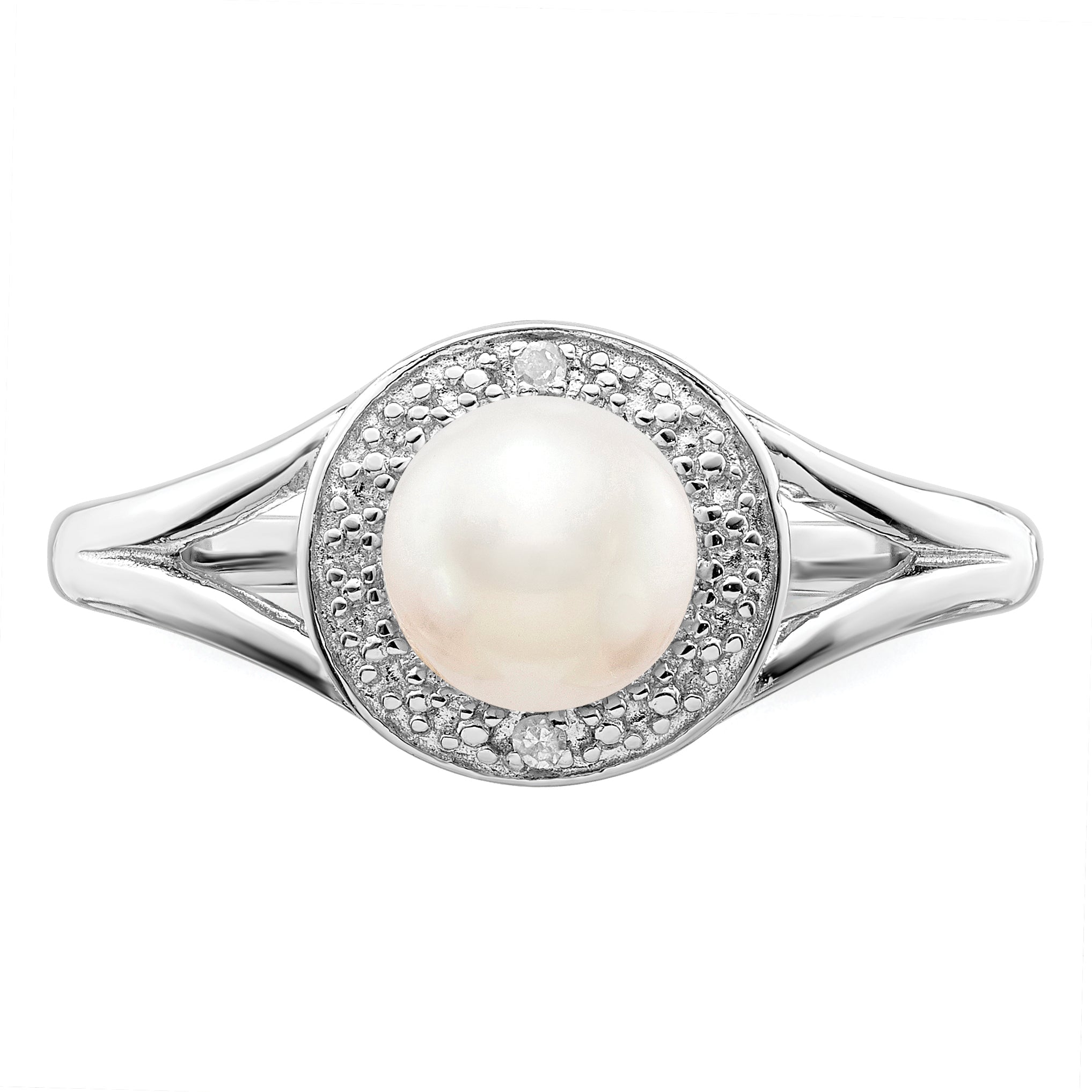 Sterling Silver Rhodium-Plated Diam. & Fw Cultured Pearl Ring