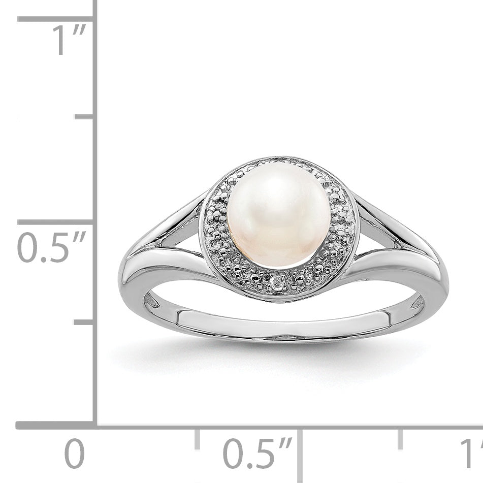 Sterling Silver Rhodium-Plated Diam. & Fw Cultured Pearl Ring
