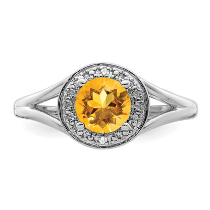 Sterling Silver Rhodium-Plated Diam. & Citrine Ring