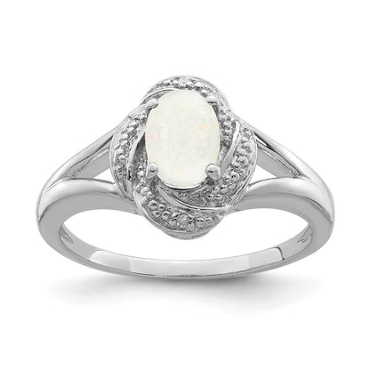 Sterling Silver Rhodium-Plated Diam. & Created Opal Ring