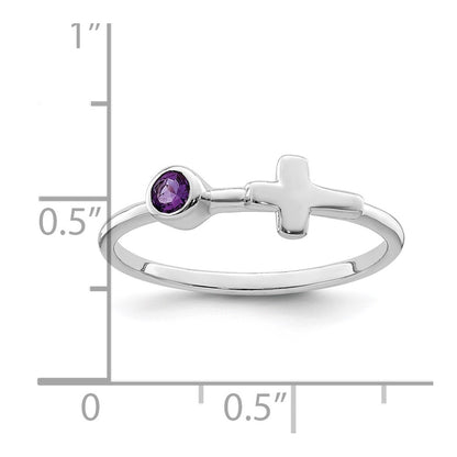 Sterling Silver Rhodium-Plated Polished Cross Amethyst Ring