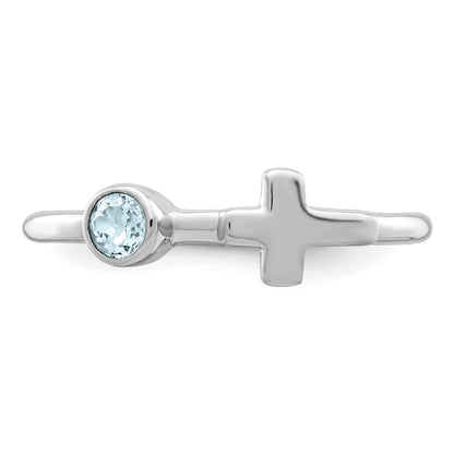 Sterling Silver Rhodium-Plated Polished Cross Aquamarine Ring
