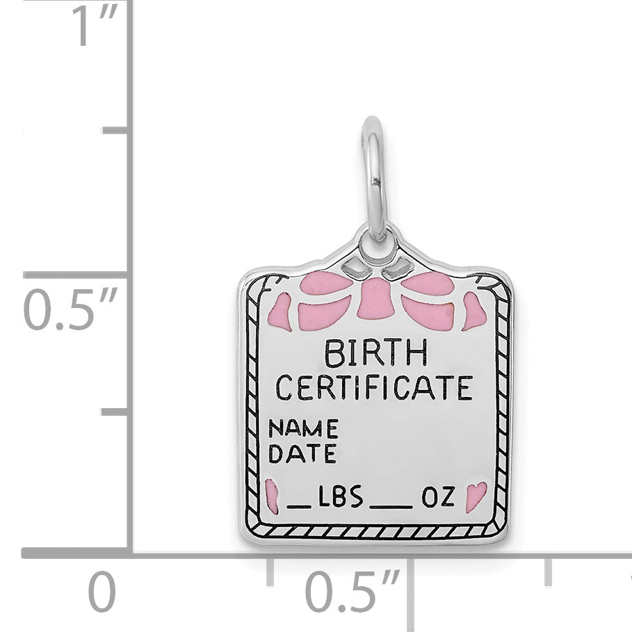 Sterling Silver Rhodium-Plated Pink Birth Certificate Polished Charm