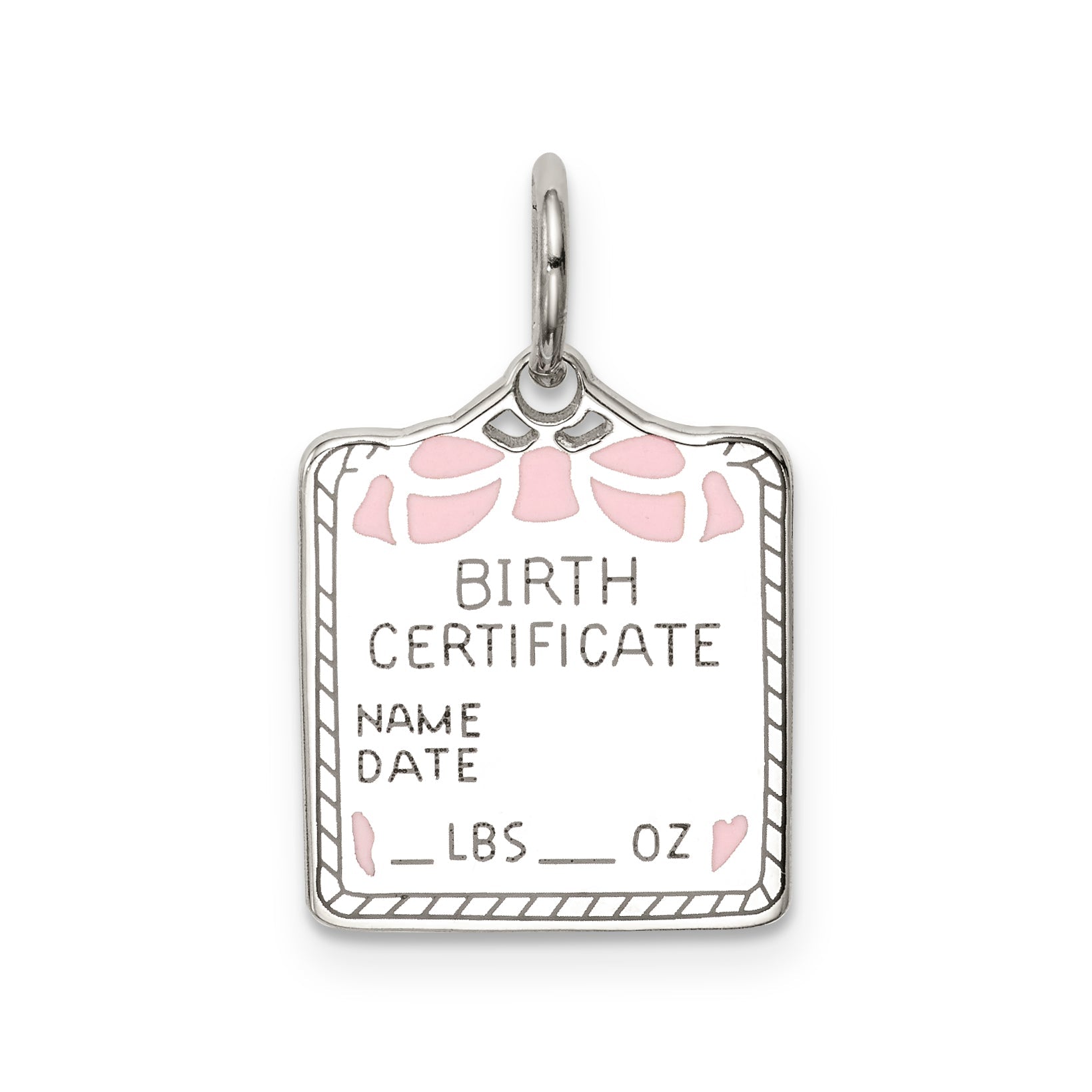 Sterling Silver Rhodium-Plated Pink Birth Certificate Polished Charm