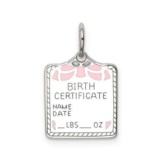 Sterling Silver Rhodium-Plated Pink Birth Certificate Polished Charm
