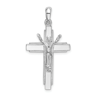 Sterling Silver De-Ani Rhodium-Plated Polished Beaded Edge Crucifix Pendant