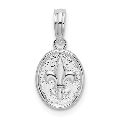 Sterling Silver De Ani Rhodium Plated Polished And Textured Fleur Lis Small Oval Pendant