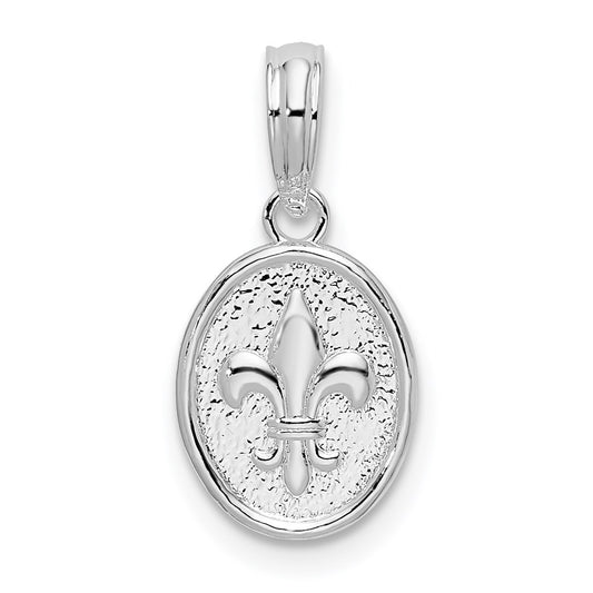 Sterling Silver De Ani Rhodium Plated Polished And Textured Fleur Lis Small Oval Pendant