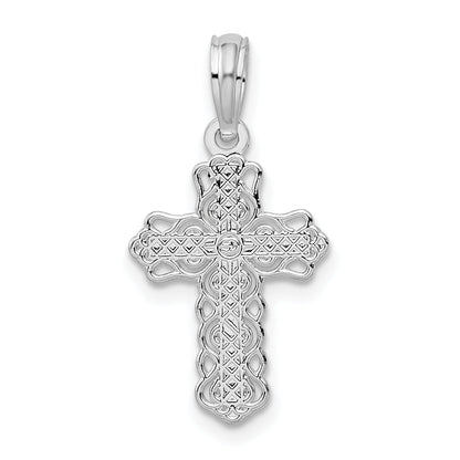Sterling Silver De-Ani Rhodium-Plated Polished Lace Trim Cross Pendant