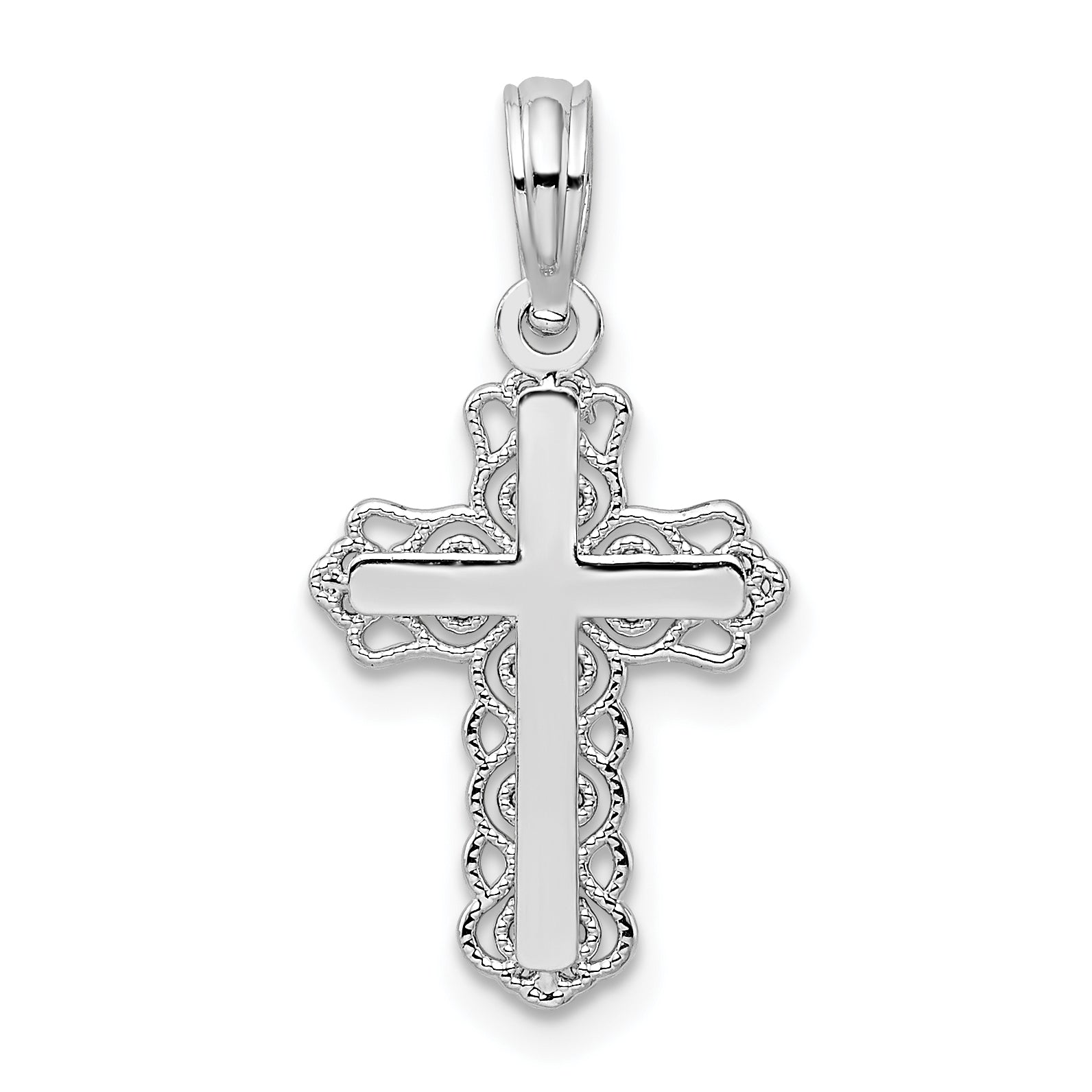 Sterling Silver De-Ani Rhodium-Plated Polished Lace Trim Cross Pendant