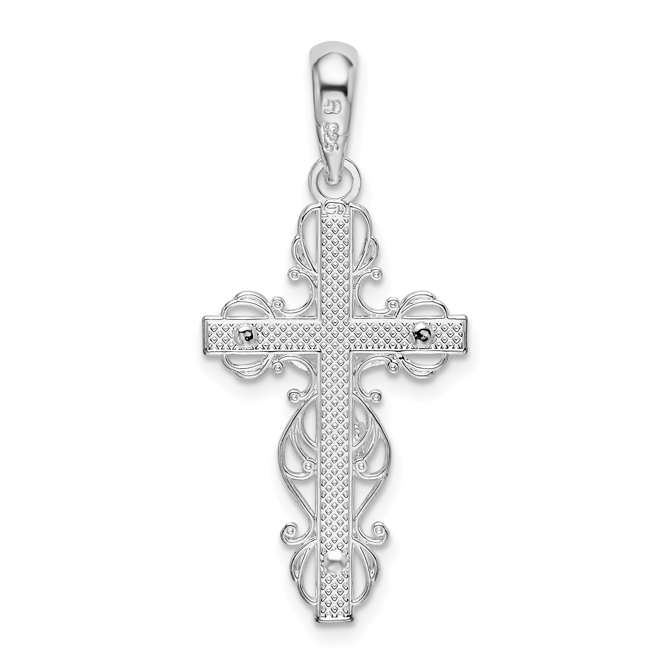 Sterling Silver De-Ani Rhodium-Plated Polished Lace Trim Crucifix Pendant