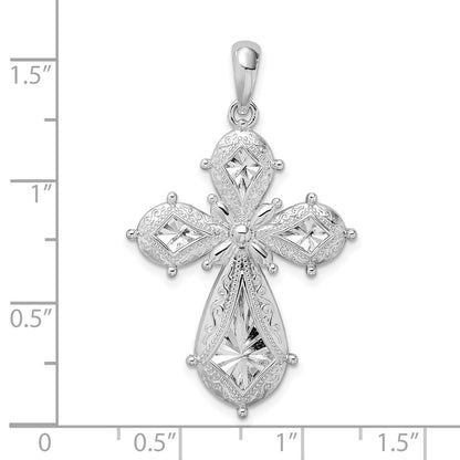 Sterling Silver De-Ani Rhodium-Plated Scroll Diamond-Cut Rounded Cross Pendant