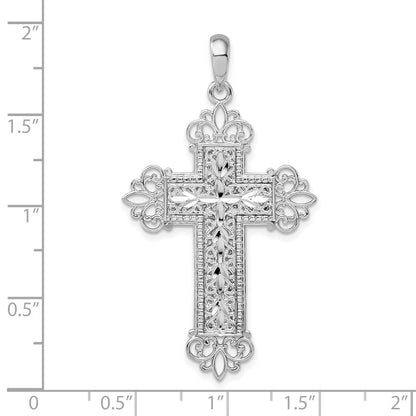 Sterling Silver De-Ani Rhodium-Plated Diamond-Cut Filigree Fleur De Lis Cross Pendant