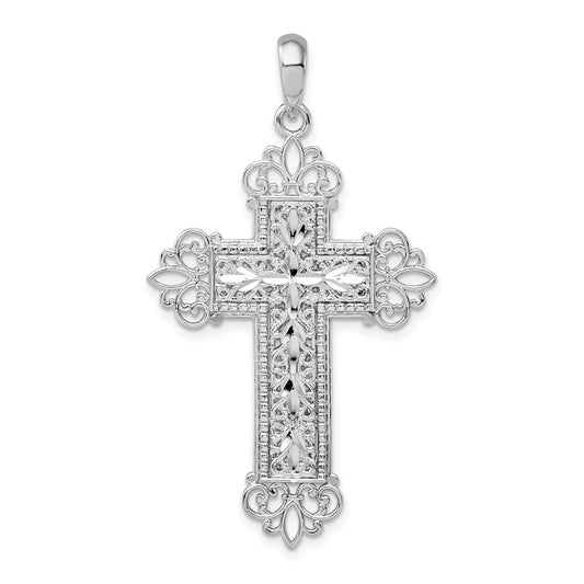 Sterling Silver De-Ani Rhodium-Plated Diamond-Cut Filigree Fleur De Lis Cross Pendant