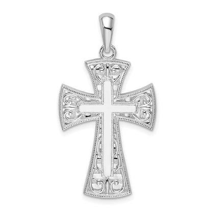Sterling Silver De-Ani Rhodium-Plated Fancy Heart Design Cross Pendant