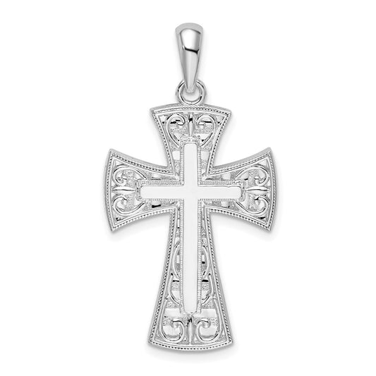 Sterling Silver De-Ani Rhodium-Plated Fancy Heart Design Cross Pendant