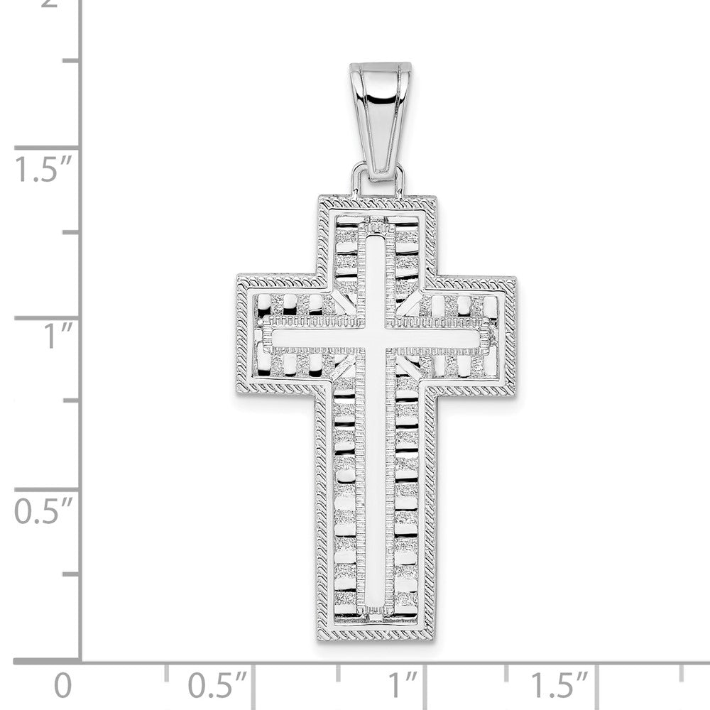 Sterling Silver De-Ani Rhodium-Plated Rope Edge Latin Cross Pendant