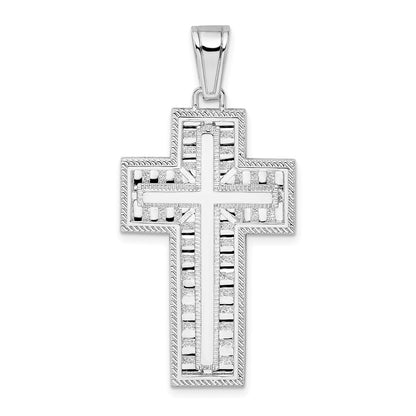 Sterling Silver De-Ani Rhodium-Plated Rope Edge Latin Cross Pendant