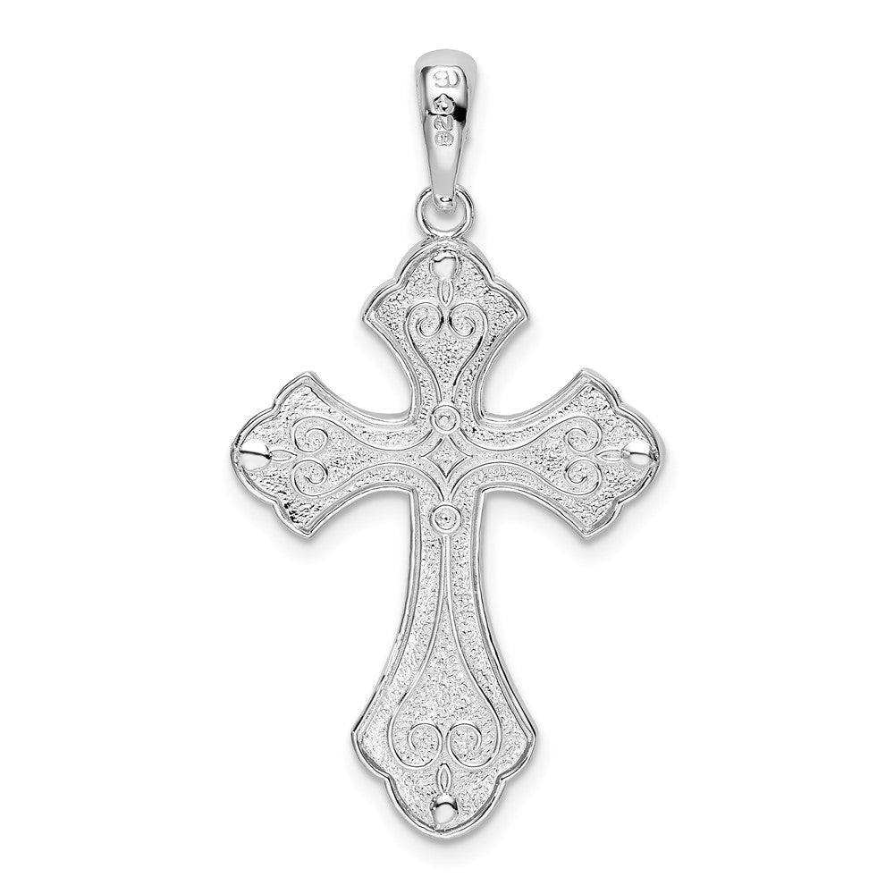 Sterling Silver De-Ani Rhodium-Plated Diamond-Cut Fleur De Lis Cross Pendant