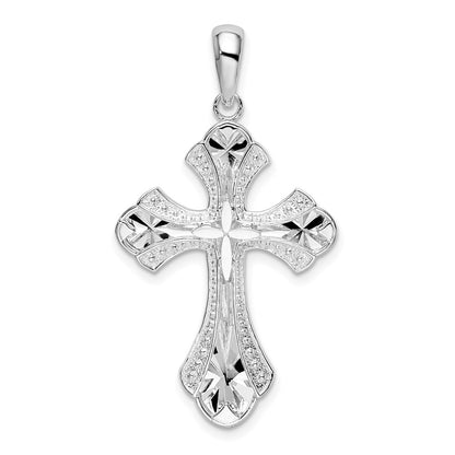 Sterling Silver De-Ani Rhodium-Plated Diamond-Cut Fleur De Lis Cross Pendant