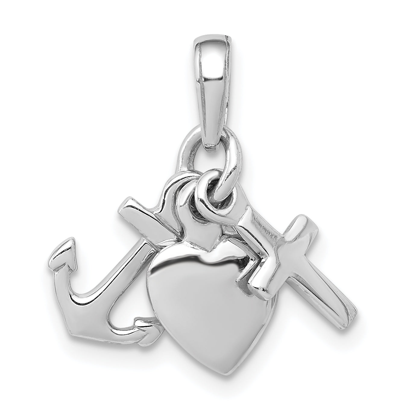 Sterling Silver De-Ani Rhodium-Plated Polished 3D Moveable Anchor / Heart Cross Pendant