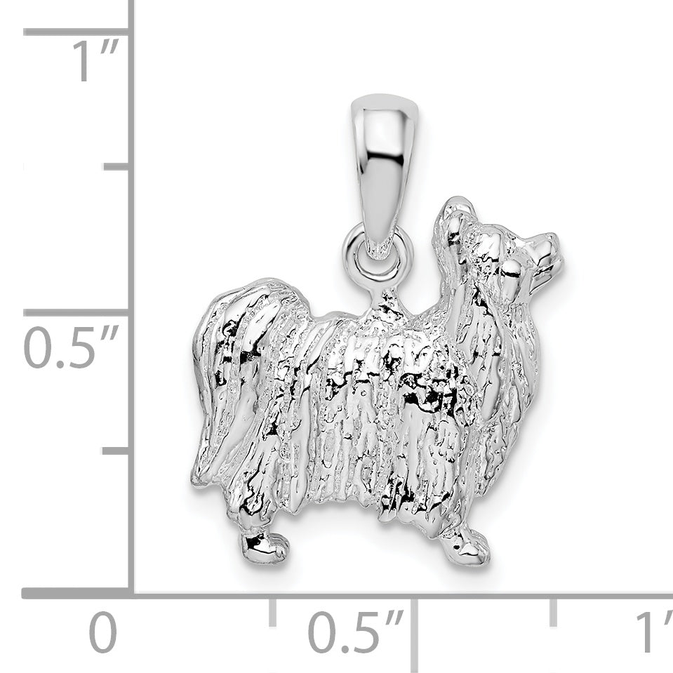 Sterling Silver De-Ani Rhodium-Plated Textured 3D Papillon Dog Pendant