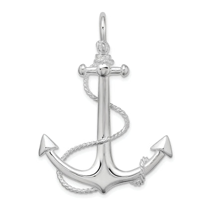 Sterling Silver De-Ani Rhodium-Plated Polished 3D Anchor With Rope Pendant