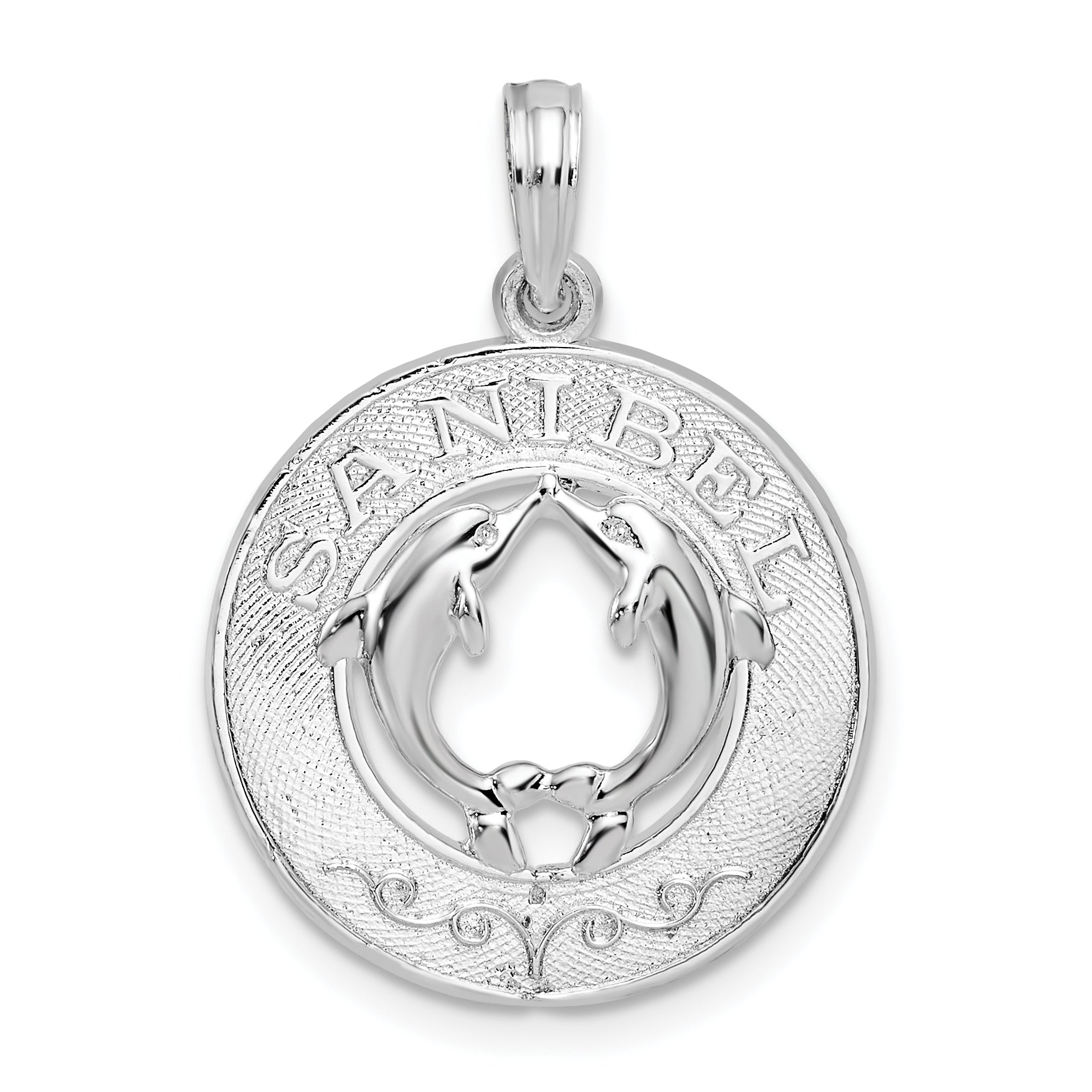 Sterling Silver De-Ani Rhodium-Plated Polished Sanibel Circle With Dolphins Pendant