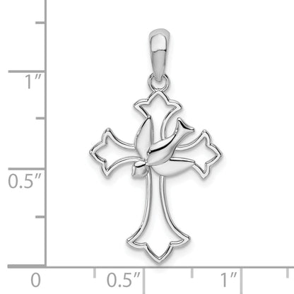 Sterling Silver De-Ani Rhodium-Plated Cut-Out Fleur De Lis Cross With Dove Pendant