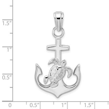 Sterling Silver De-Ani Rhodium-Plated Polished Anchor With Sea Turtle Pendant