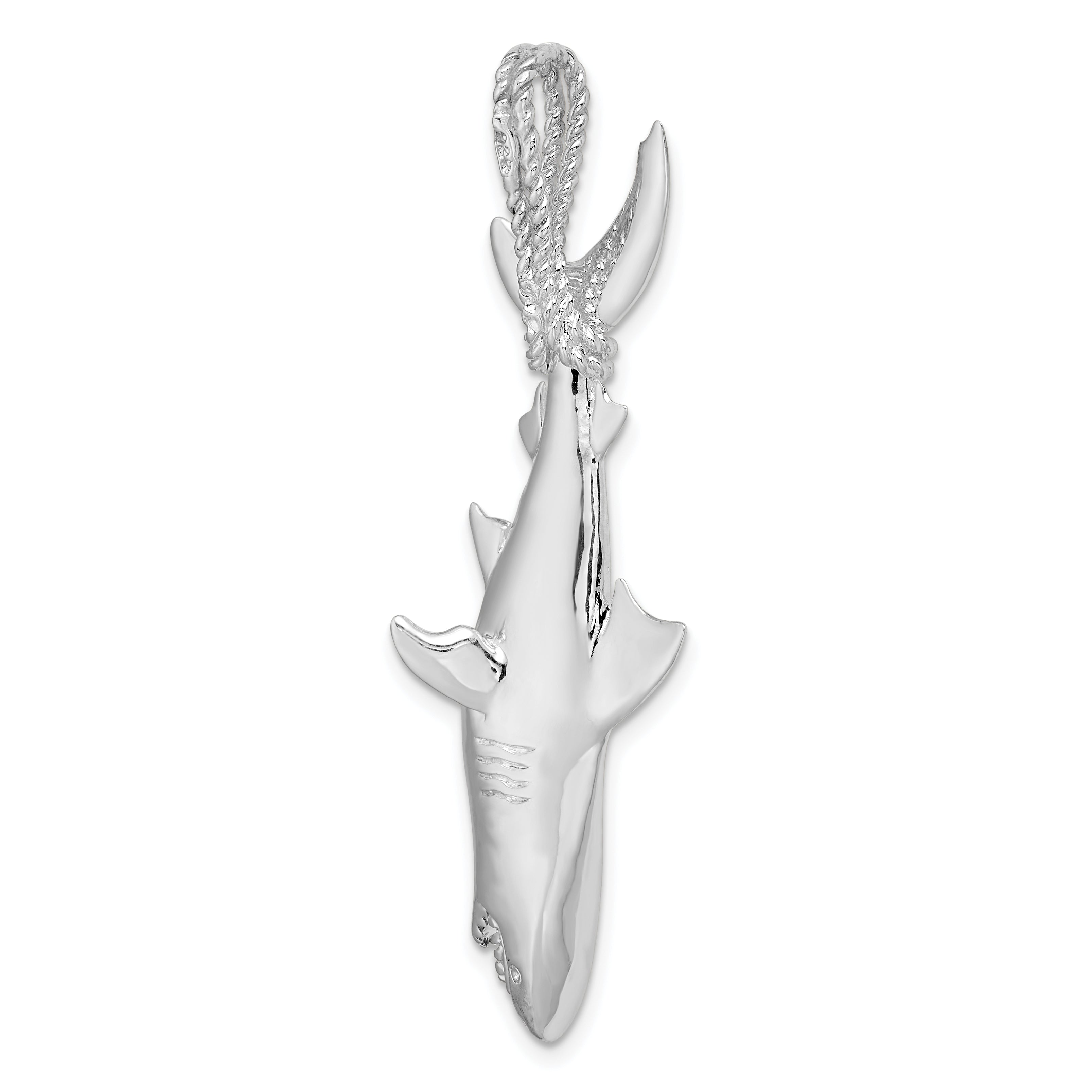 Sterling Silver De-Ani Rhodium-Plated Polished 3D Shark Hanging From Rope Pendant