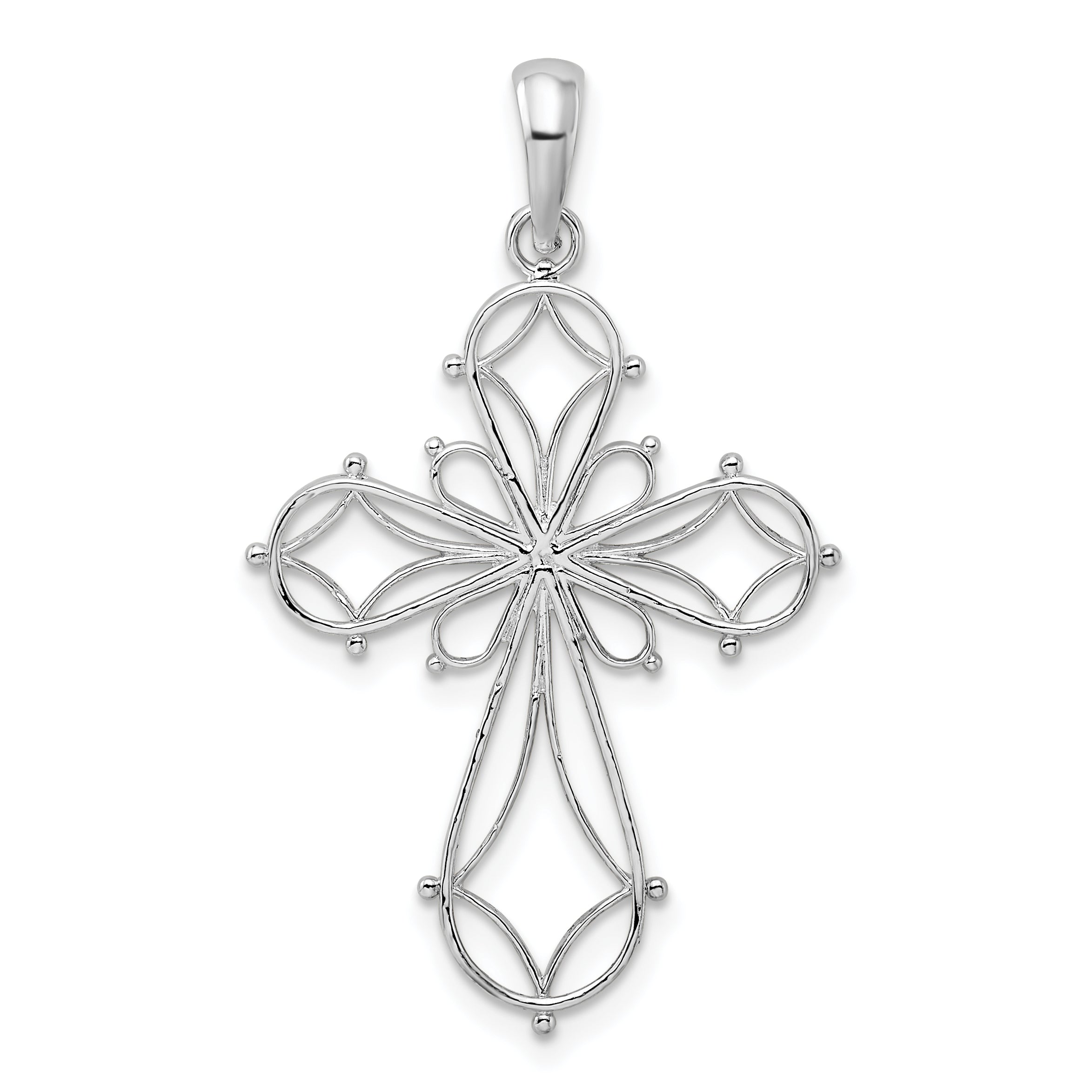 Sterling Silver De-Ani Rhodium-Plated Fancy Cut-Out Rounded Cross Pendant
