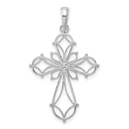 Sterling Silver De-Ani Rhodium-Plated Fancy Cut-Out Rounded Cross Pendant