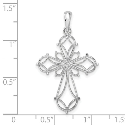 Sterling Silver De-Ani Rhodium-Plated Fancy Cut-Out Rounded Cross Pendant