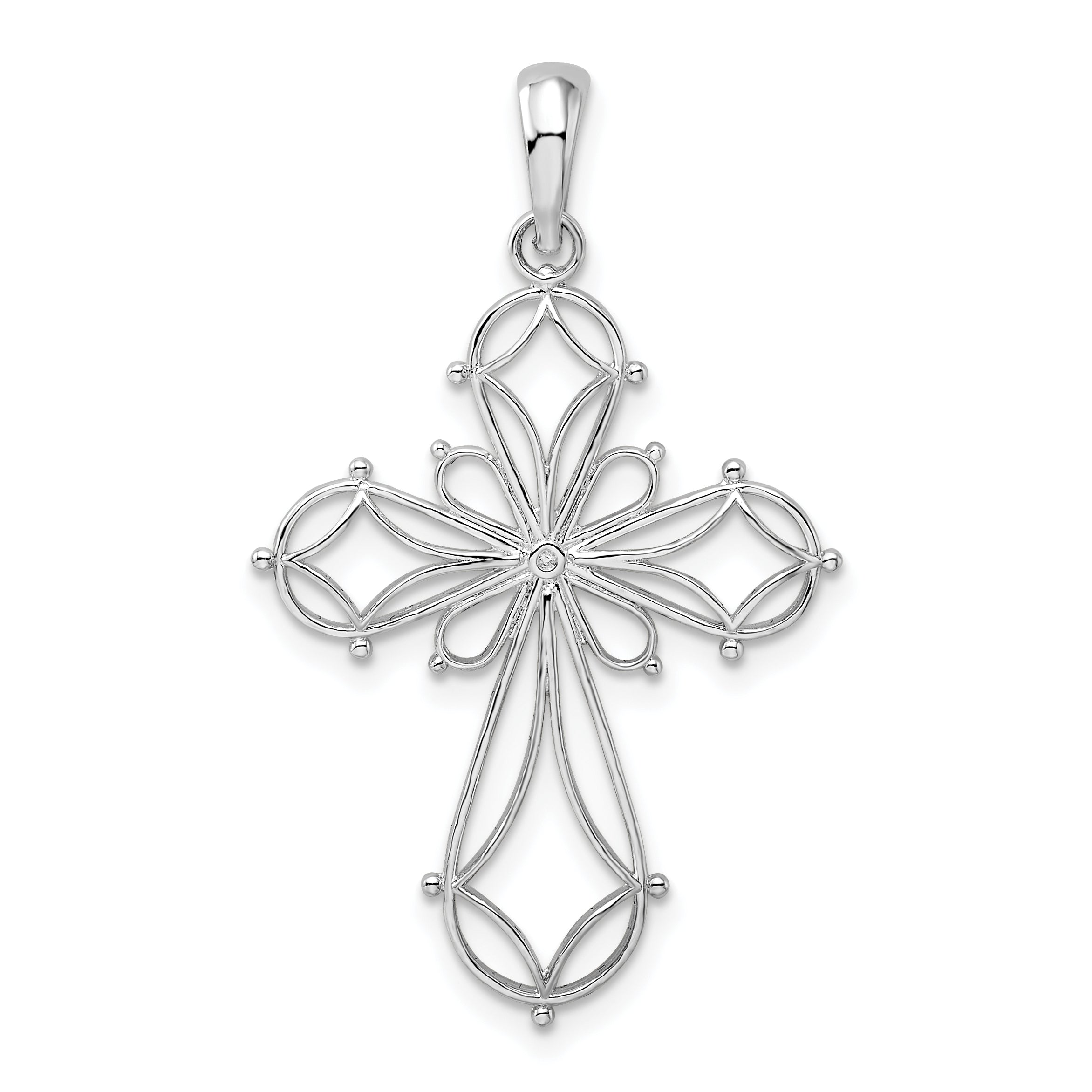 Sterling Silver De-Ani Rhodium-Plated Fancy Cut-Out Rounded Cross Pendant