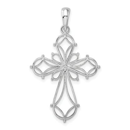 Sterling Silver De-Ani Rhodium-Plated Fancy Cut-Out Rounded Cross Pendant