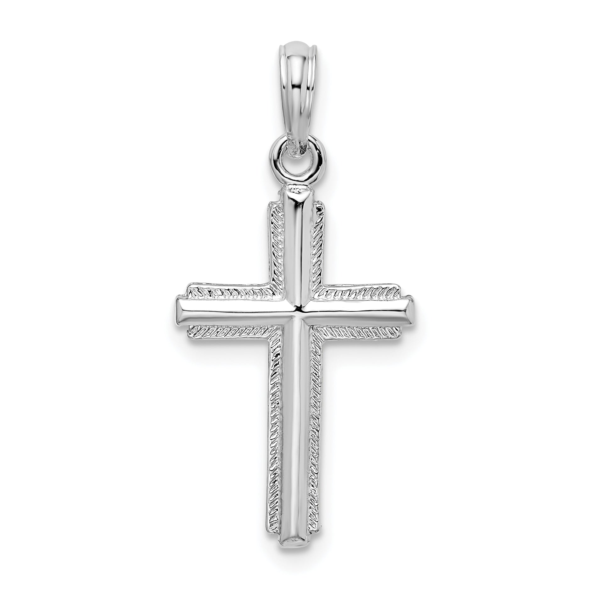 Sterling Silver De-Ani Rhodium-Plated Polished Striped Border Latin Cross Pendant