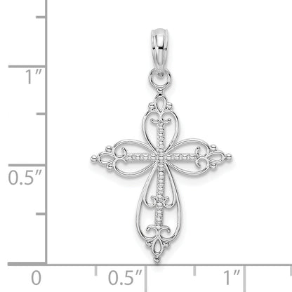 Sterling Silver De-Ani Rhodium-Plated Polished Fancy Filigree With Beaded Center Cross Pendant