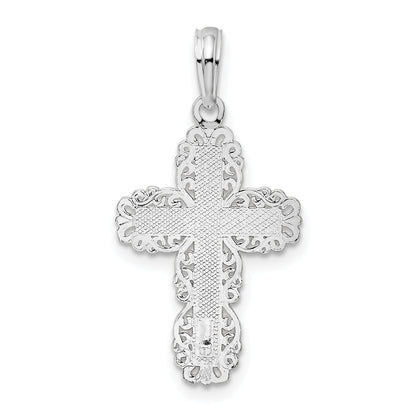 Sterling Silver De-Ani Rhodium-Plated Polished Lace Border Latin Cross Pendant