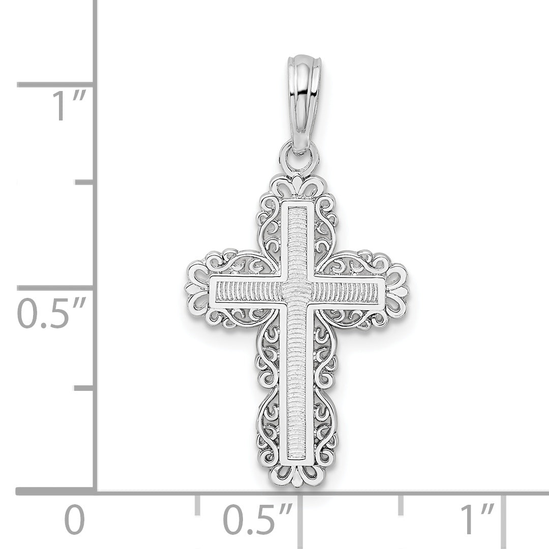 Sterling Silver De-Ani Rhodium-Plated Polished Lace Border Latin Cross Pendant