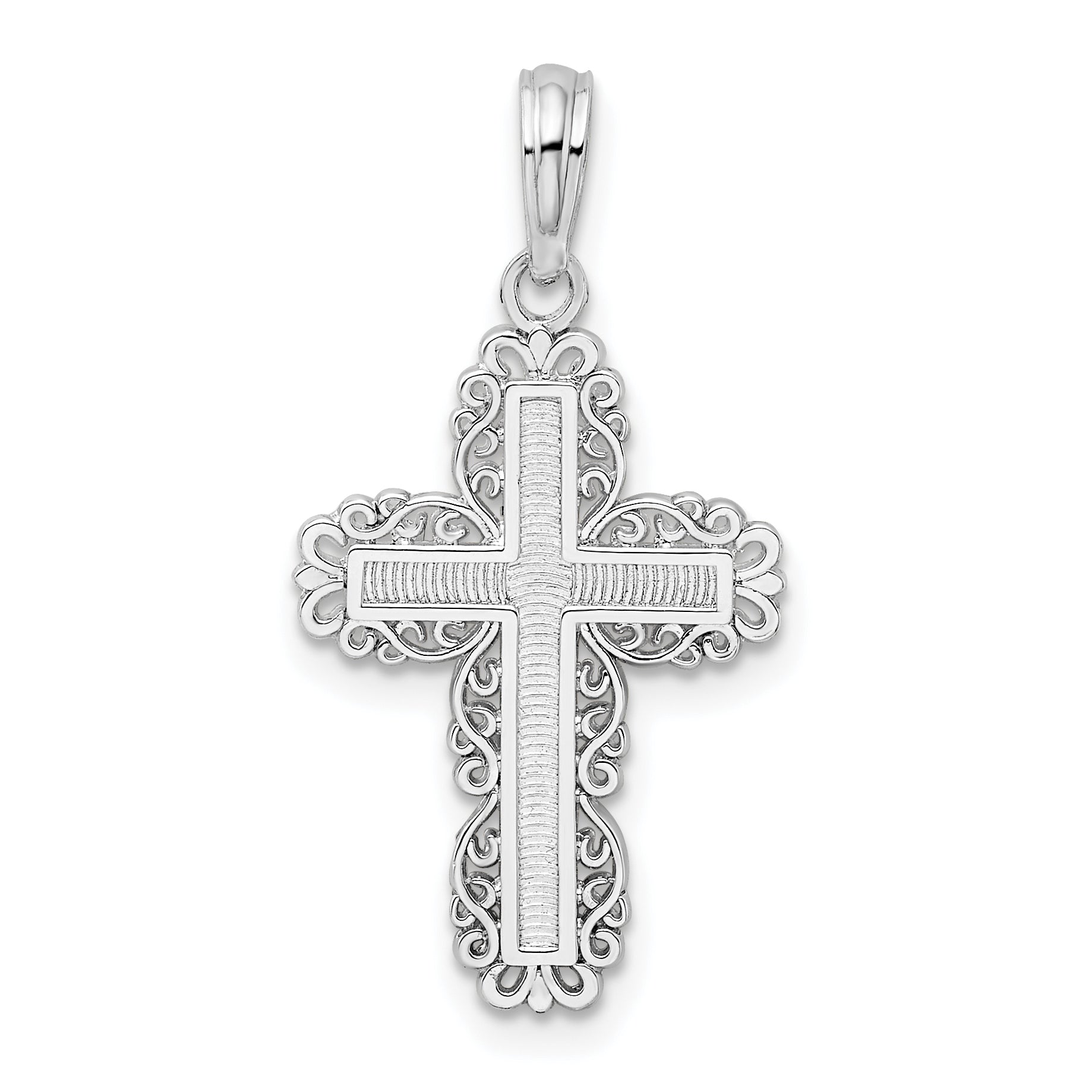 Sterling Silver De-Ani Rhodium-Plated Polished Lace Border Latin Cross Pendant