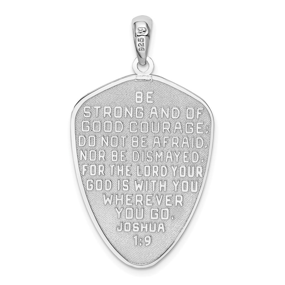 Sterling Silver De-Ani Rhodium-Plated Textured Cross Shield Joshua 1:9 Reverse Pendant
