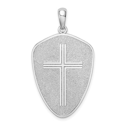 Sterling Silver De-Ani Rhodium-Plated Textured Cross Shield Joshua 1:9 Reverse Pendant